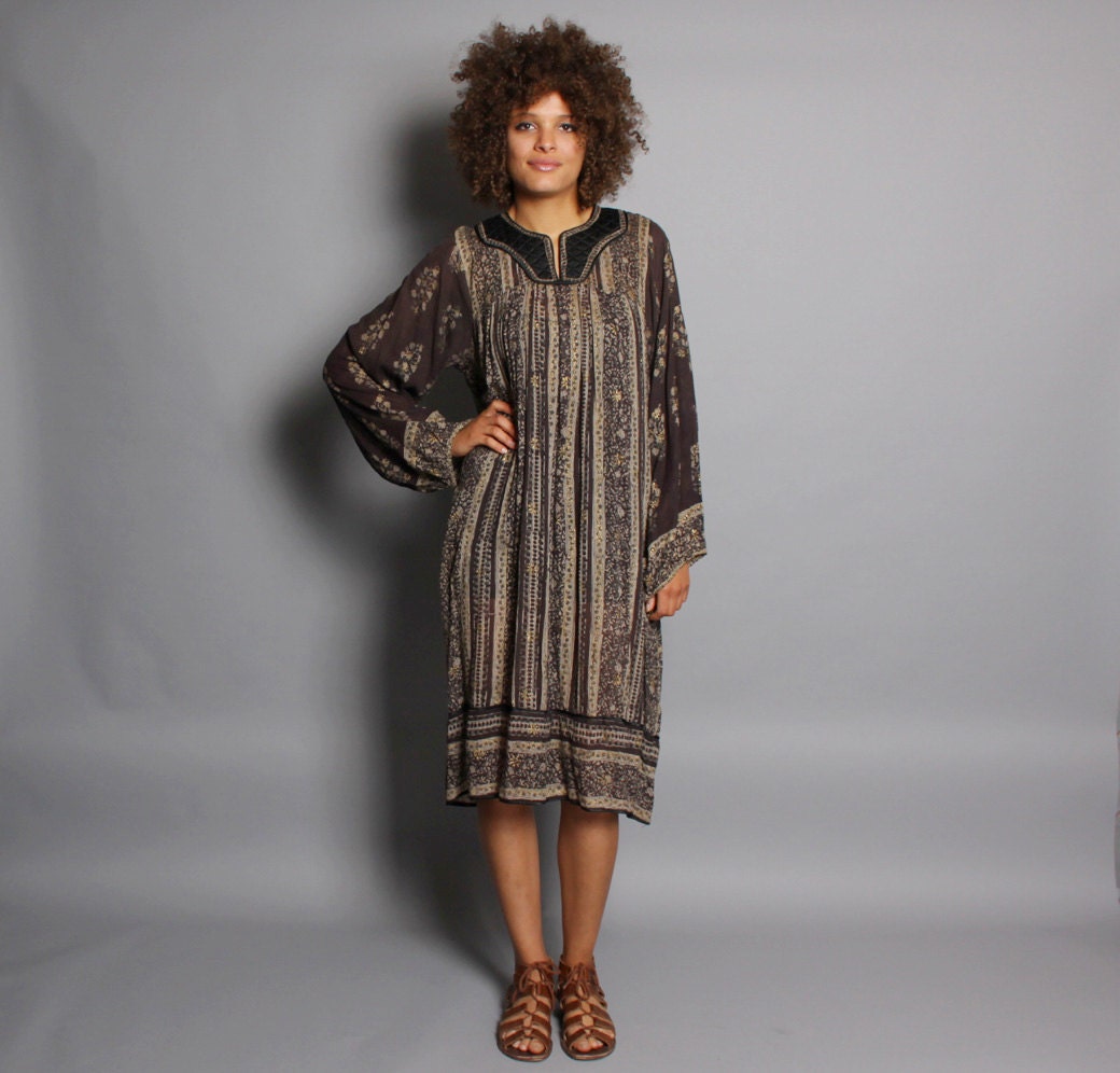 70s INDIAN COTTON DRESS / Sheer Metallic Gold Painted Gauze Midi, xs-m