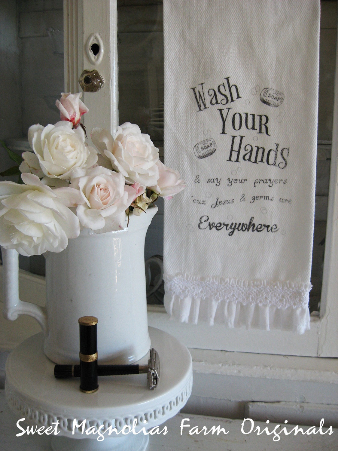 Ruffled Bathroom Hand Towel - " Wash Your Hands and Say Your Prayers" - Birdseye Cotton -...for your Home, Farmhouse or Cottage