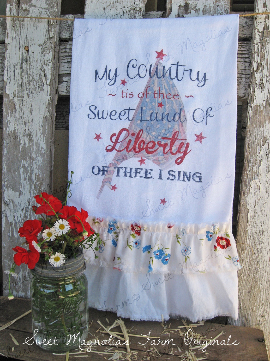 Flour Sack Kitchen Towel - Patriotic July 4th Flag Ameicana Red White Blue Farmhouse Style Country Cottage Shabby Chic Floral Rose Ruffle