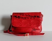 Love Birds - VINTAGE red PURSE with hand painted birds on branches