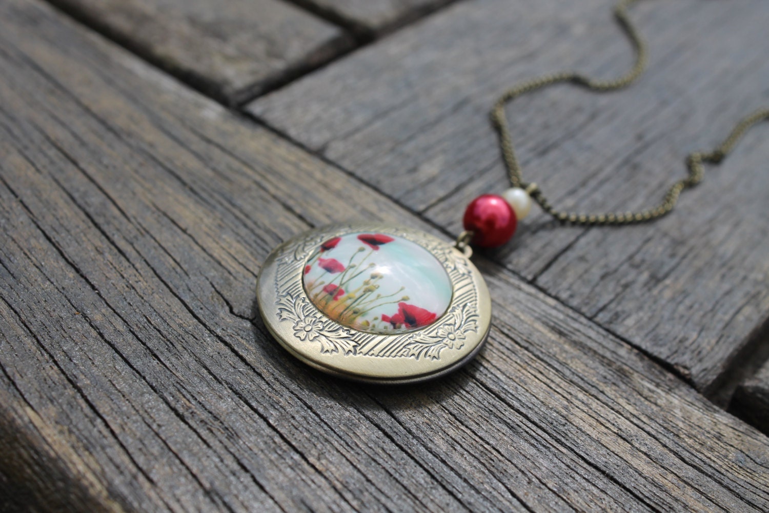 Pocket full of Poppies - Glass Dome Bronze Picture Locket Necklace