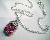 Square Fuchsia Crystal Necklace - Hot Pink Glass Jewelry - Wire Wrapped Pink Crystal Pendant