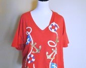 1980s Cropped Nautical Tee/ Red T Shirt with Anchors and Rope/ Novelty/ Size Medium to Large