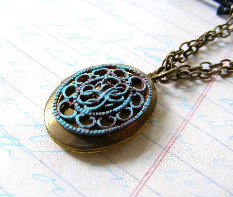 Vintage Turquoise and Brass Scrolled Locket on Chain and Black Leather