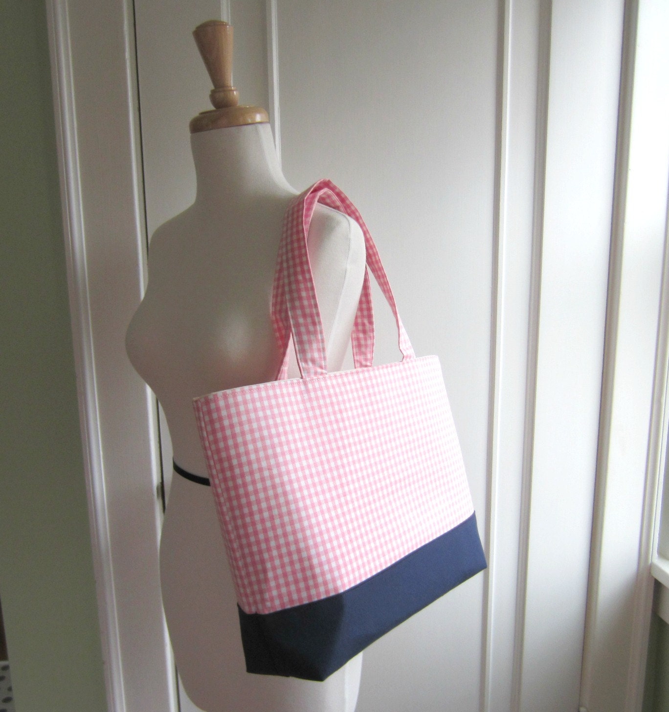 Large Tote Bag Pockets - 8 Interior, Pink Gingham Navy, Diaper Bag