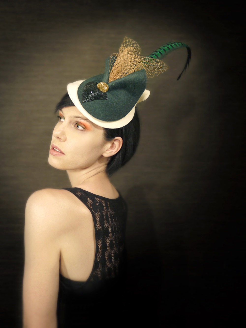 20's Style Cream and Green Felt Fascinator with Pheasant Feather - Clara