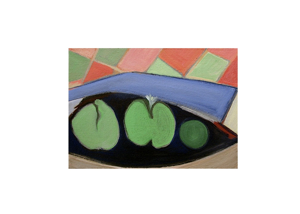 Green Apple Paintings, Still Life, Abstract, Kitchen Art, Granny Smiths & Lime, Blue Green Painting, Harlequin by Will Wieber