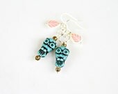 Turquoise Owl Earrings - Hand Crafted Blue Glass Owl Beads with OPAL Shine Leaf Beads and Smoky Quartz Dangles by Mei Faith