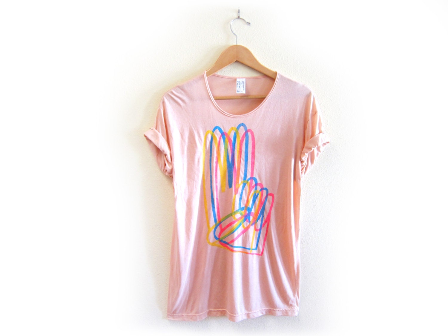 Peace Sign Hand CMYK STENCILED Animal Series - Viscose Scoop Neck Oversized Tee in Peach - S M L XL