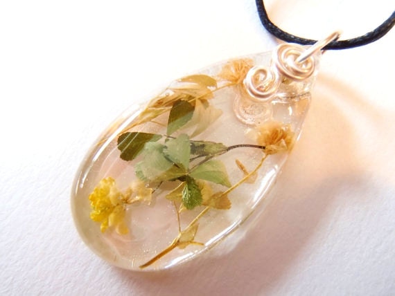 Yellow White Flowers Nature Pendant Clear Resin Green Petals Teardrop Silver Wire Adjustable Boho Bohemian Jewelry Earth Garden Necklace