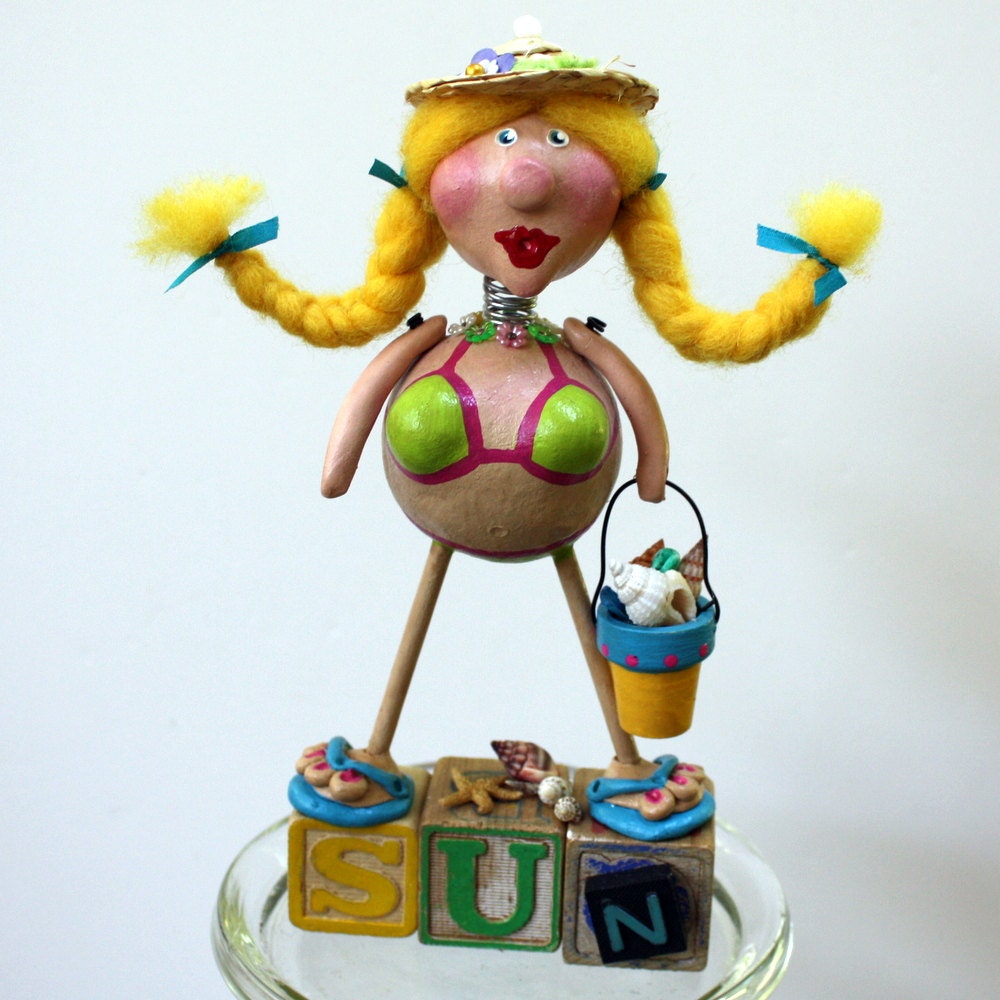 Whimsical Bikini Babe Folk Art Collectible Doll Decoration