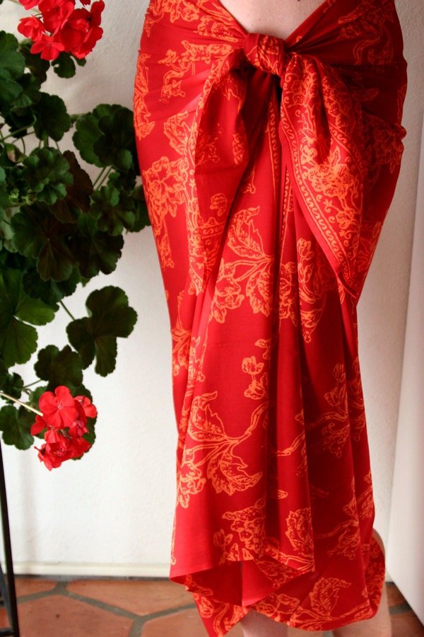 Fiery Red Orange Chiffon Sarong - Batik Pareo - Womens Clothing Wrap Skirt - Chiffon Scarf - Beach Sarong - Swimsuit Coverup - Spa Wrap