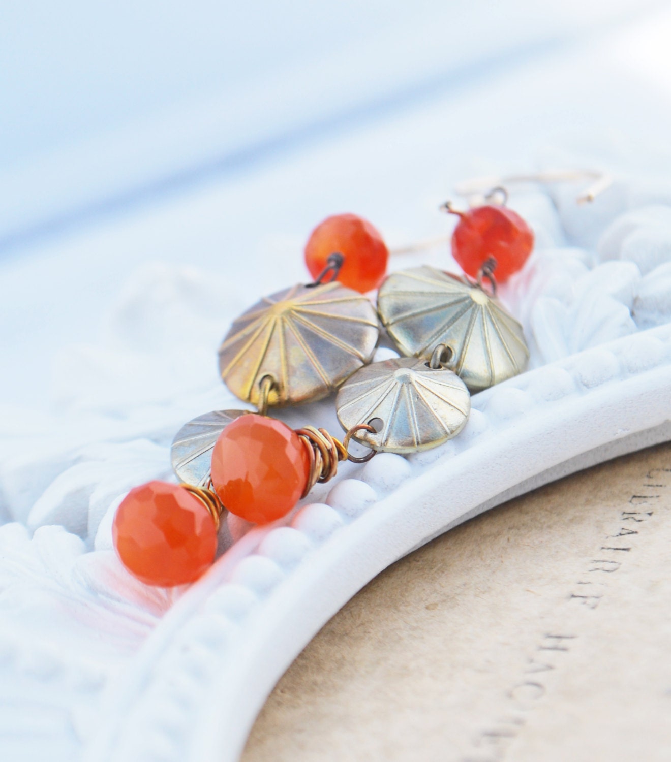Orange Carnelian on hand antiqued brass umbrella style connectors with gold filled Earwires