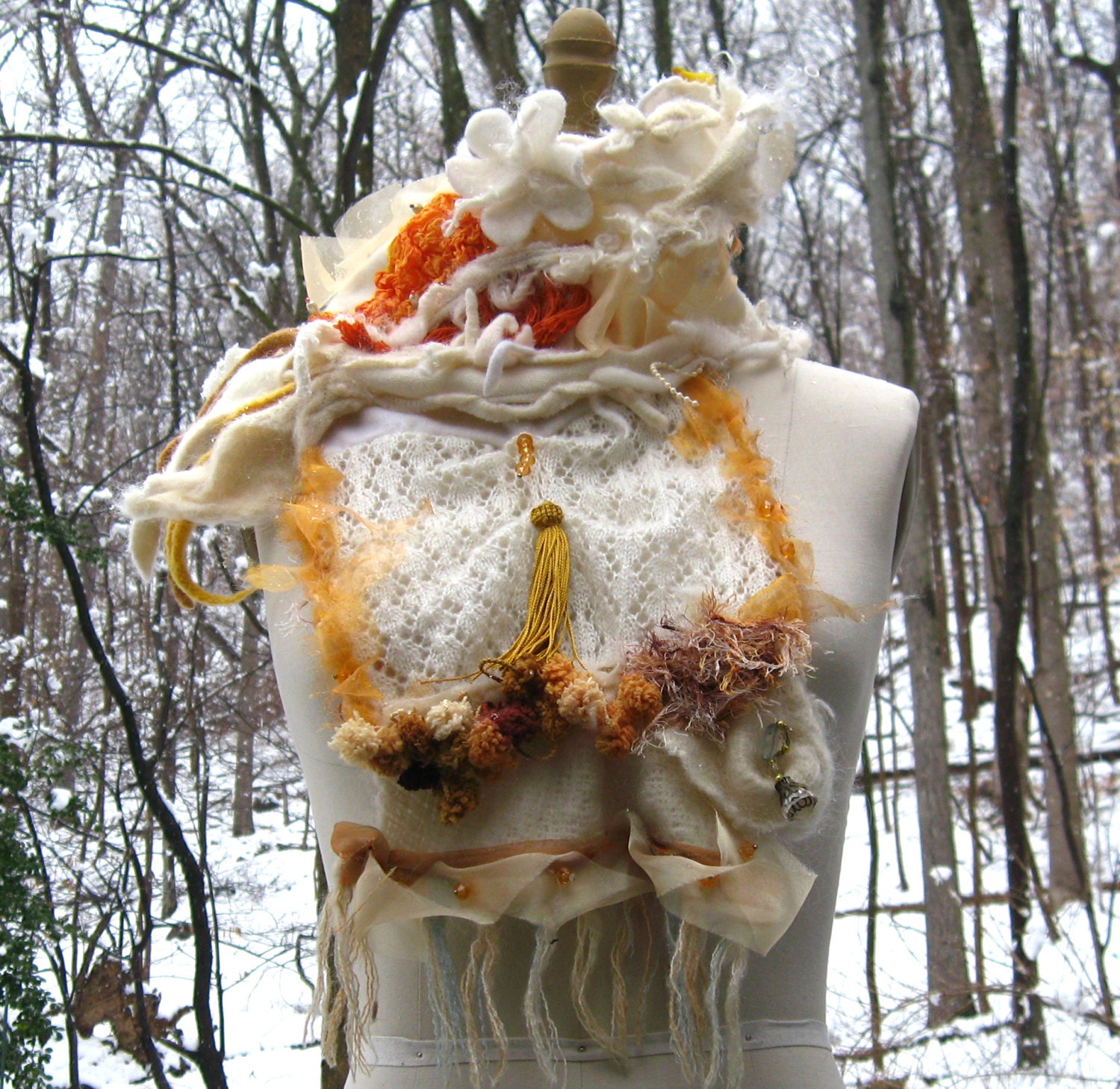 Wool Cashmere SCARF / Wrap/ Shawl embellished with tassel, felted flower and  pearls