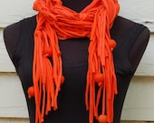 Orange Cotton Upcycled T-Shirt Long Handmade Crochet Scarf with Felt Beads