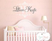 Nursery Wall Decal - Girl or Boy Baby or Teen Personalized Initial and Name Monogram Vinyl Wall Decal - Shabby Chic Accents 22h x 32w FN0418