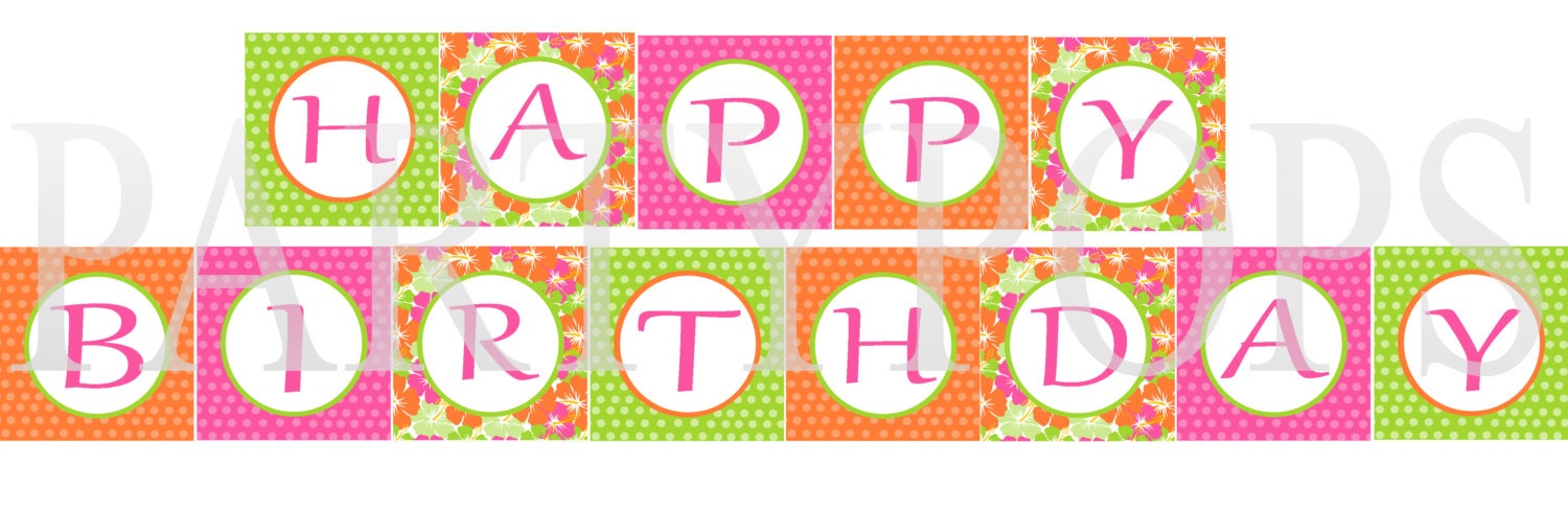DIY Luau Birthday Party Banner, 26 Letters, Minnie Mouse Luau Birtdhay Banner,  Alphabet,  Pink Orange and Green, INSTANT DOWNLOAD