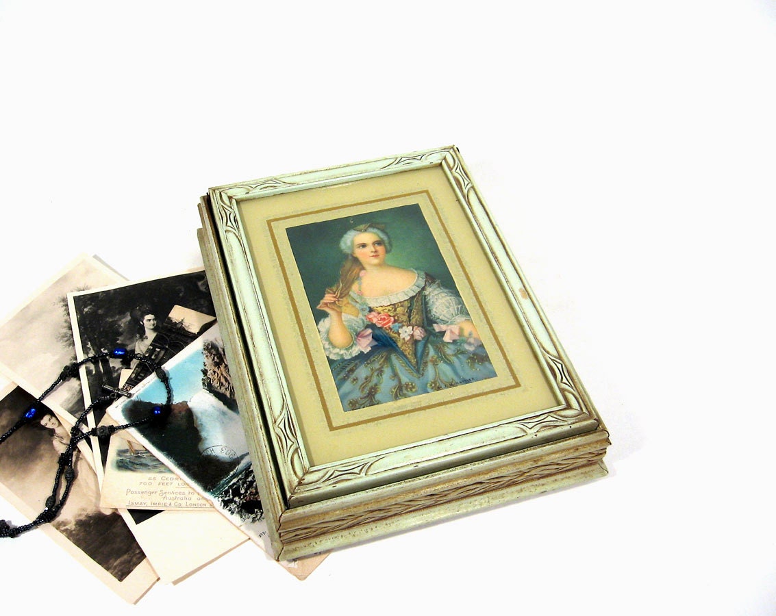 Vintage Wood Box Framed Hinged Lid Seafoam Green Woman Portrait