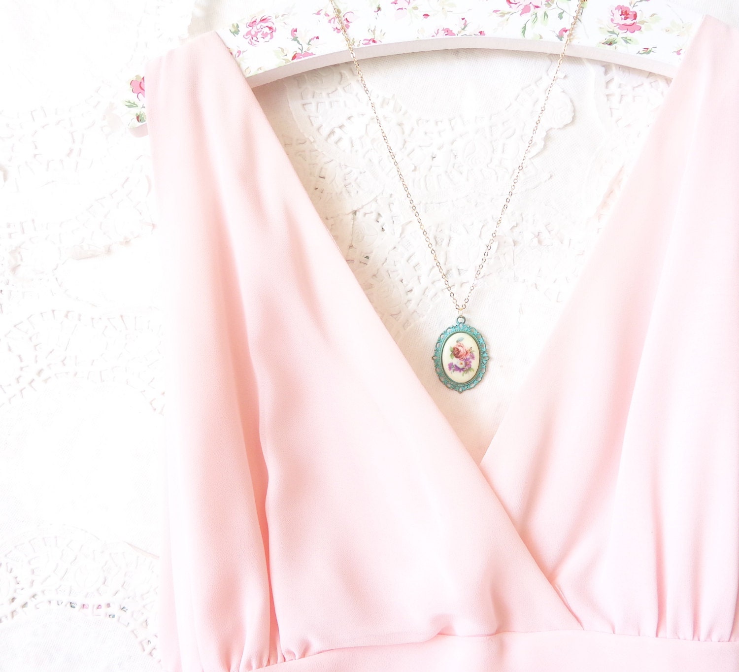 Vintage Limoges Rose Necklace - Hand Painted - Verdigris - Patina - Flower