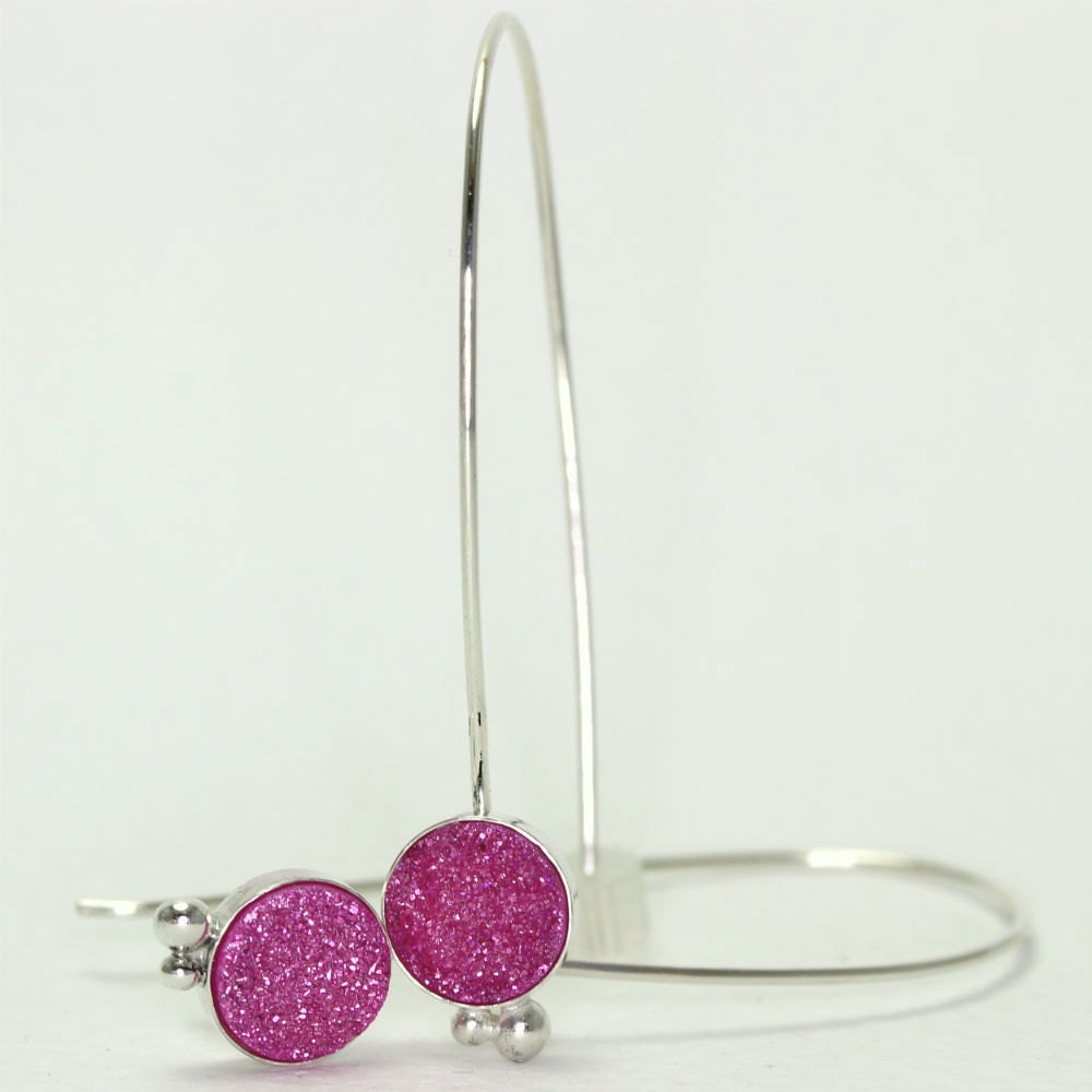 Hot Pink Drusy and Silver Earrings, Modern Long Threaded Earrings, Barbie Pink