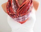 Infinity Scarf Loop Scarf Circle Scarf Cowl Scarf Red Aztec Pattern