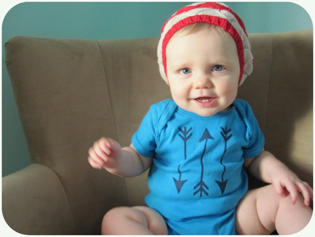 Infant Boy Girl One Piece, Native Arrows, Tribal Embellished Bodysuit, Navy Blue On Turquoise, Size 6 12 Month, Cheerful