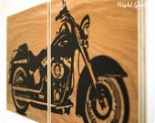 Rustic Harley Motorcycle Art Print on Woodgrain Panels - Garage Shop Artwork