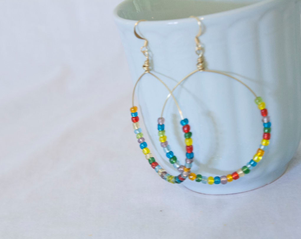 Large Colorful Gold Beaded Hoop Dangle Earrings - Lightweight