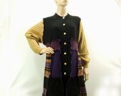 cardigan sweater tunic, medium large, gold purple, button front upcycled recycled