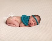 Hand Knit Baby Shrug Hug Cape Newborn Baby Photography Photo Prop Turquoise with Rhinestone Headband