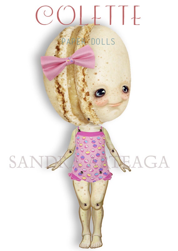 Colette - articulated Paper Doll 11 inches - macaron pastels yellow pink summer swimming vanilla wonderland tea party ooak cookie doll