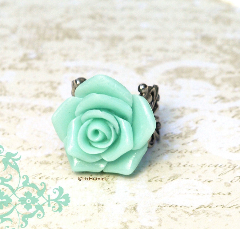 Mint Rose Ring. Victorian Style Rose in Icy Aqua. Cocktail Ring