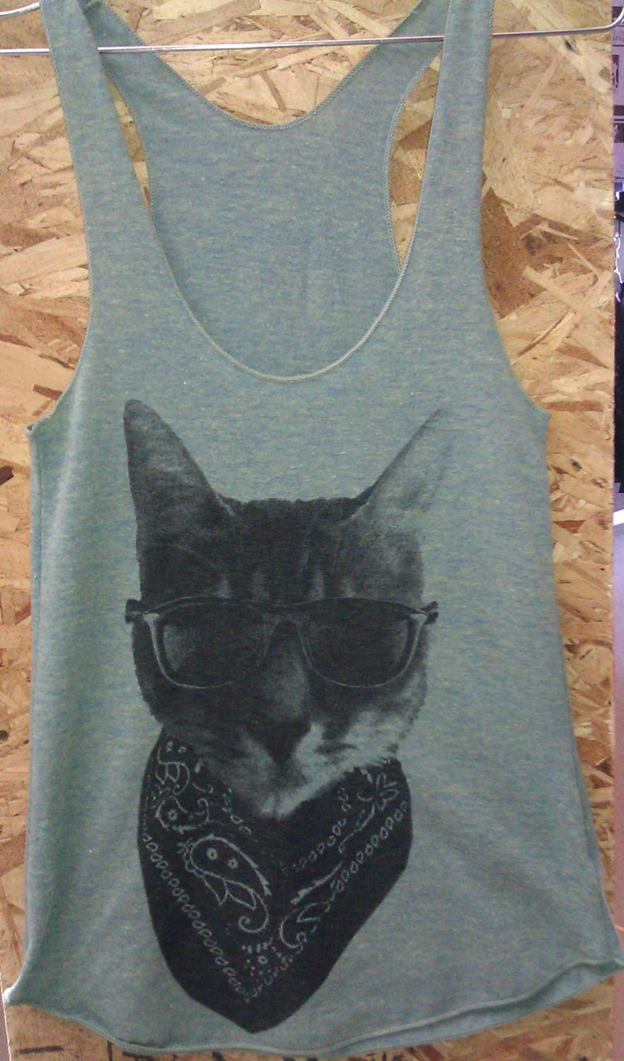 Kitty Cat in Sunglasses Tank Top T-shirt Ladies American Apparel size  XS   S   M or L  (Green)