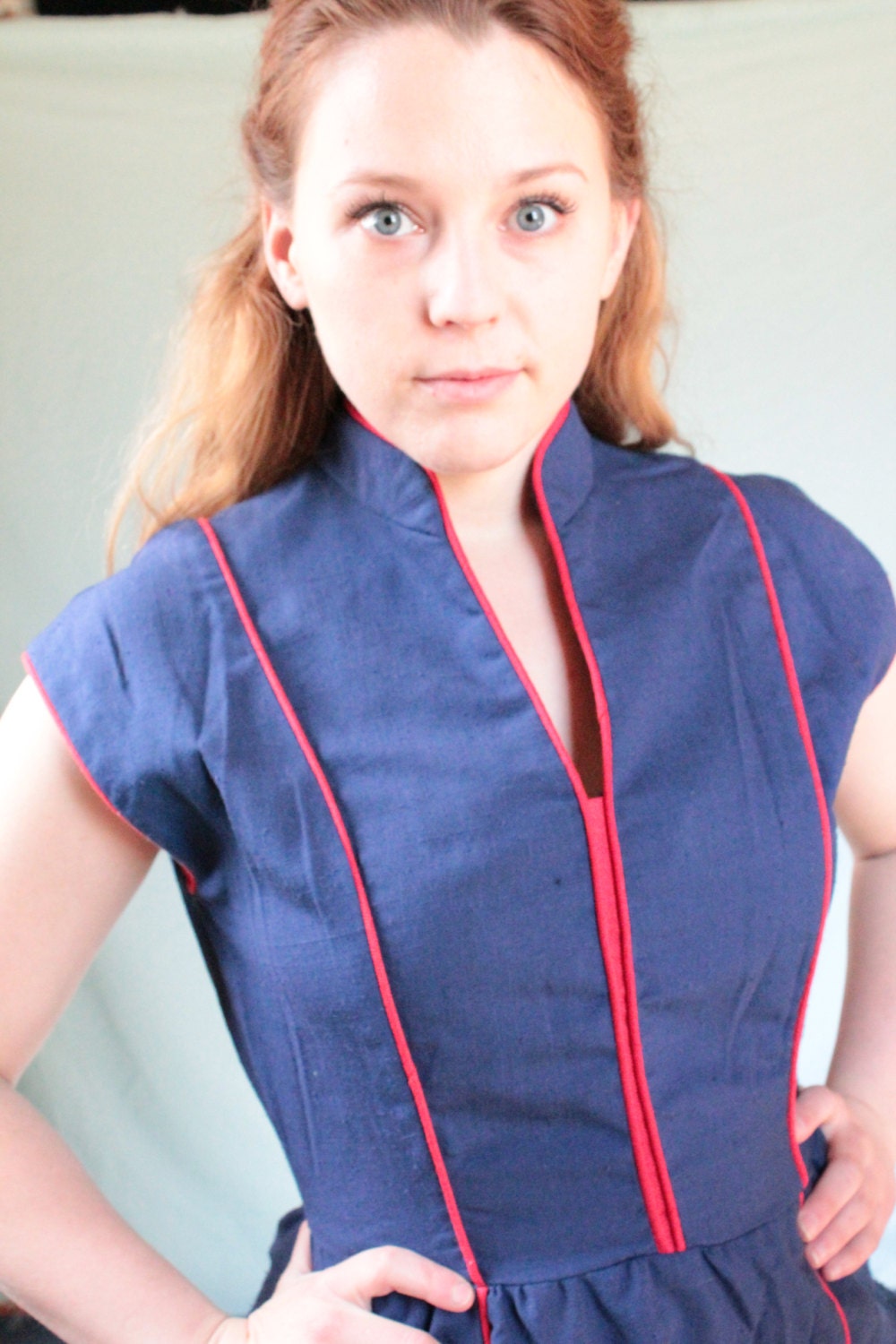 Vintage 60s Dress Navy Blue Red Piping Princess Seams
