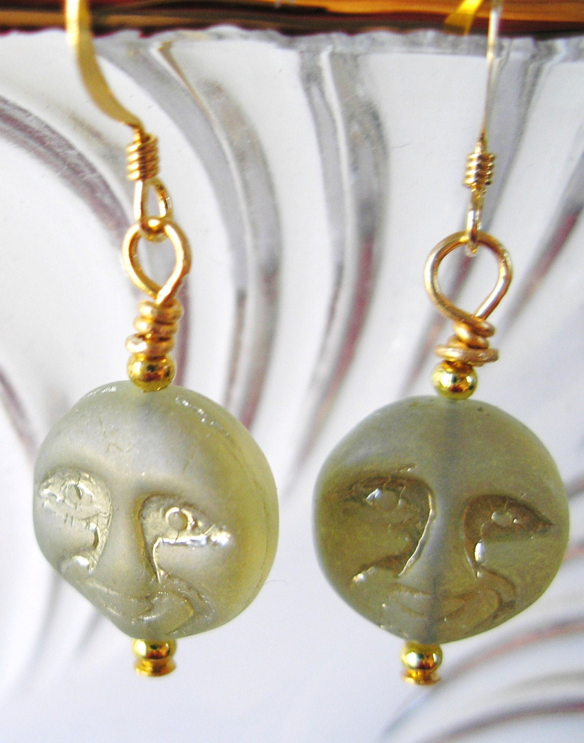 Green Glass Shimmery MOONFACE Dangle Earrings