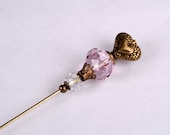 Pink Crystal and Heart Stick Pin, 3 Inch Hat Pin, Scarf Pin, Hijab Pin KC0360