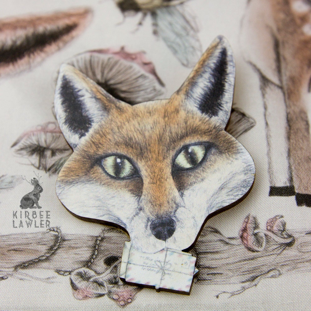 Fox Express Illustrated Wooden Brooch