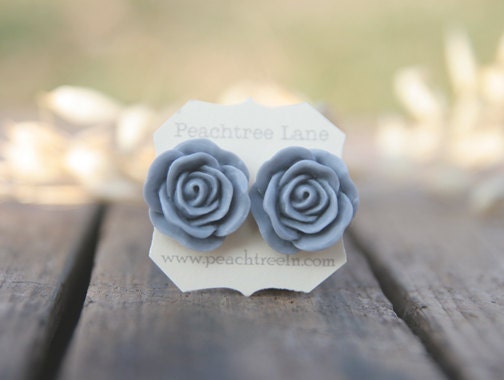 Large Grey Rose Flower Post Earrings // Bridesmaid Gifts // Maid of Honor Gifts