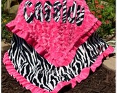Zebra Minky Blanket - Hot Pink Minky Swirl with Satin Ruffle - Personalized/Applique - Baby Girl - Multiple Sizes