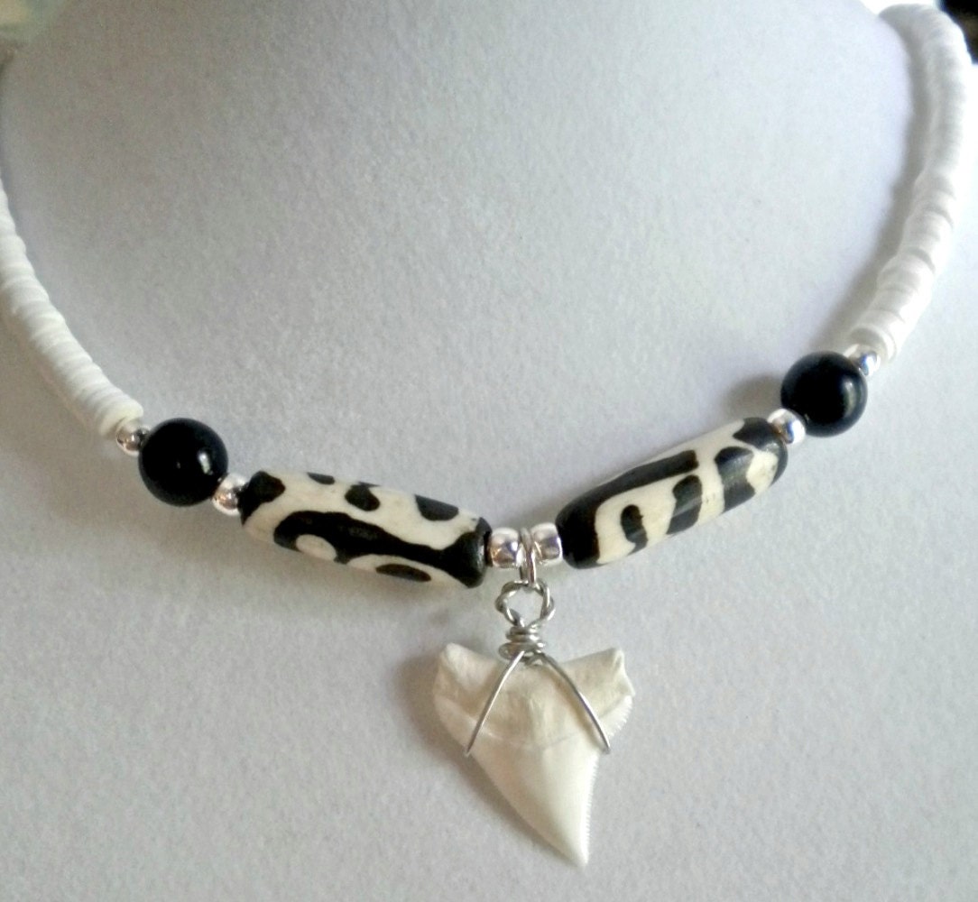 Necklace Shark Tooth Pendant Moonshell Heishi & African Batik Bone Beads