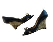 Black and Gold Extreme Wedge High Heel by Kenneth Cole New York // Size 9 1/2 M // Gold and Huge Rhinestone Embellishment // Avant Garde