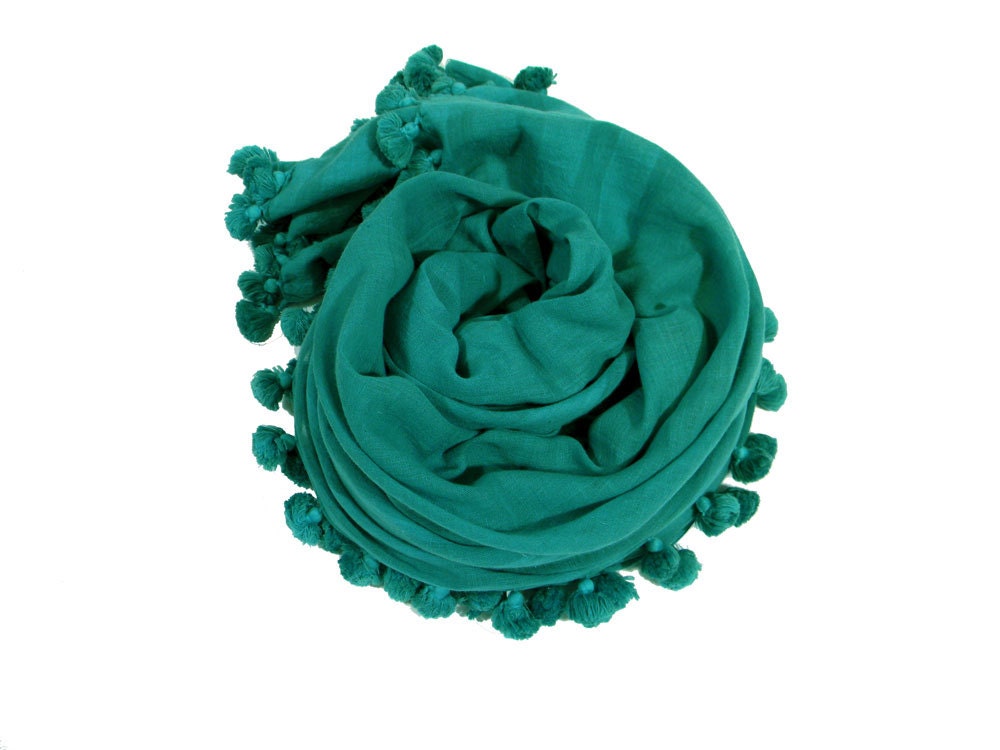 PomPom Tassel Dupata - Handwoven Cotton - Vivid Teal