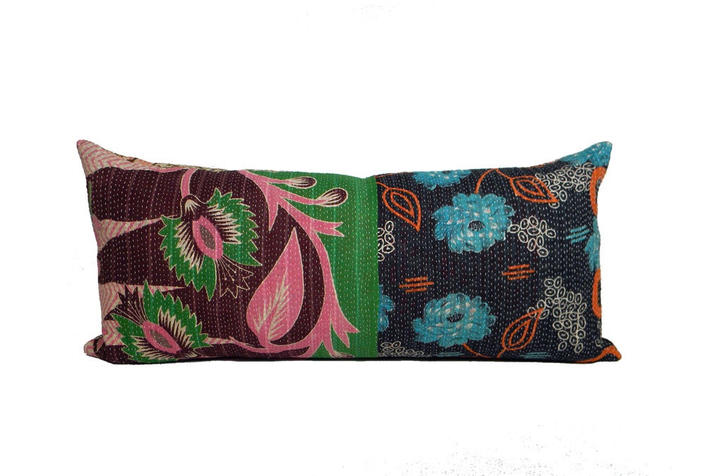 Vintage Kantha Pillow - Mixed Flora - 14 x 30