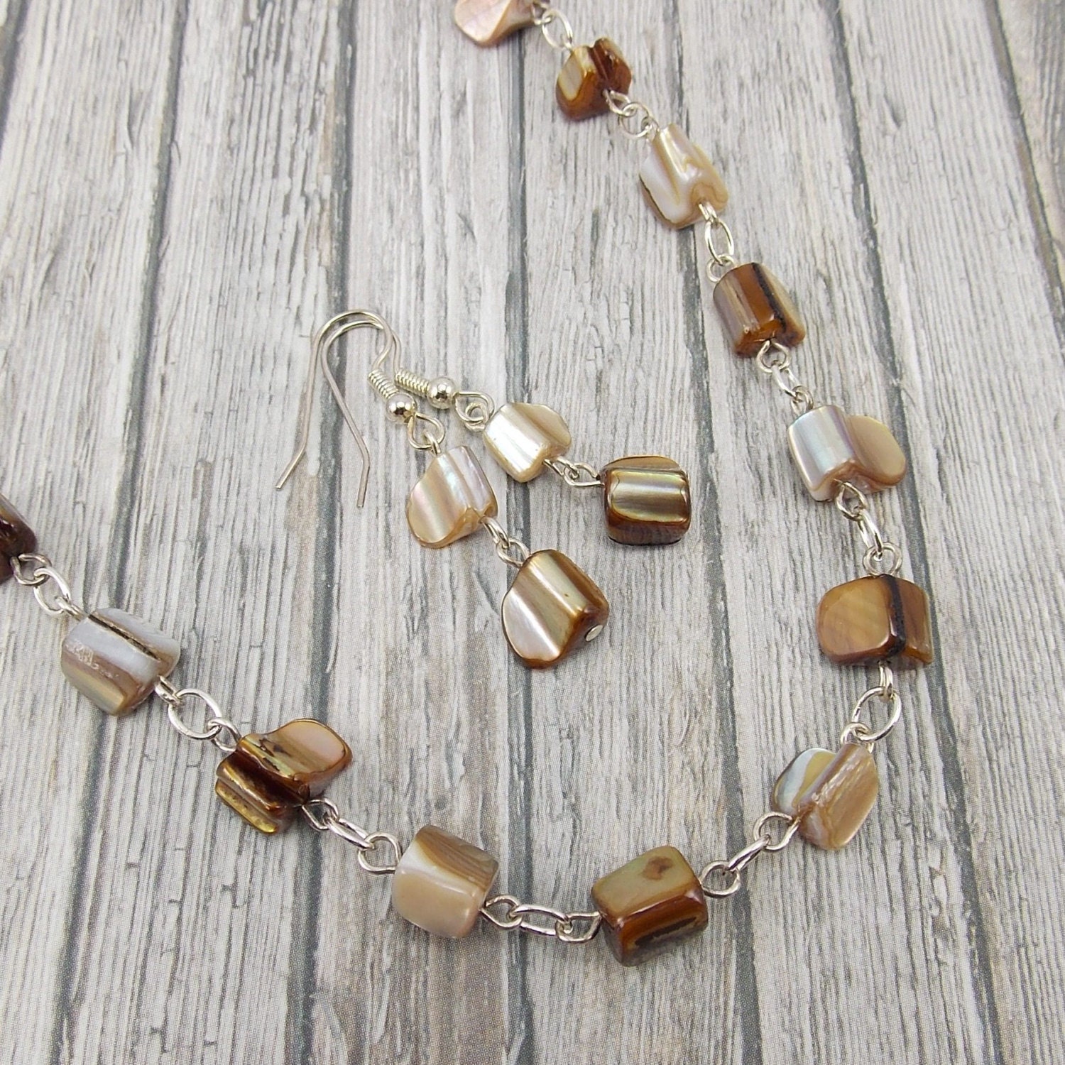 Beaded Necklace and Earring Set - Brown and Tan Mother-of-Pearl
