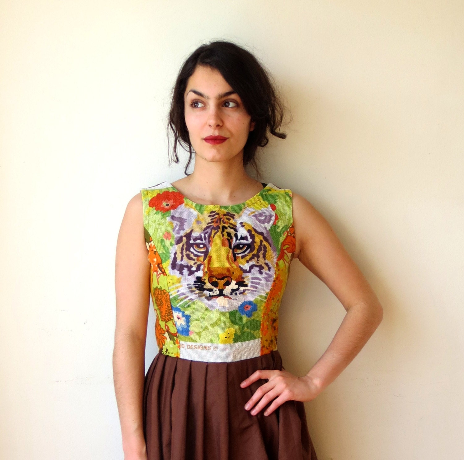 Tiger Needlepoint Boho Prom Dress Sz XS