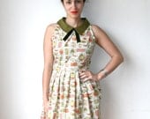 Olive Green Mid Century Vases Dress with Velvet Bow Sz XS S M