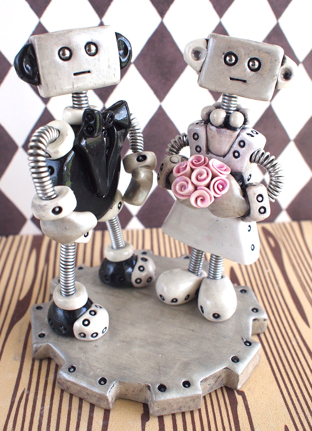Gothic Grungy Robot Wedding Cake Topper READY TO SHIP Clay, Wire, Paint
