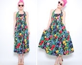 80s does 50s Dress - Colorful Black Floral Print Halter Dress - 1980s Full Skirt Spring Dress -  S M 4 6 8
