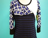 Black Blue White Plaid Striped Ruffle Shirt - Size Medium