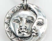 Sun & Moon Kiln Fired Fine Silver Chunky Pendant with Round Leather Cord Necklace
